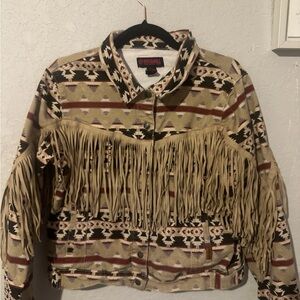 Rock & Roll Cowgirl Patterned Fringe Jean Jacket